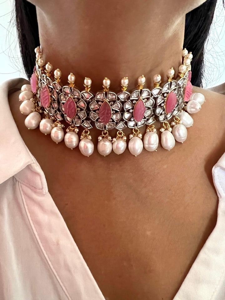 Scintillating Pink Kundan Choker with Earrings - SHIVKA