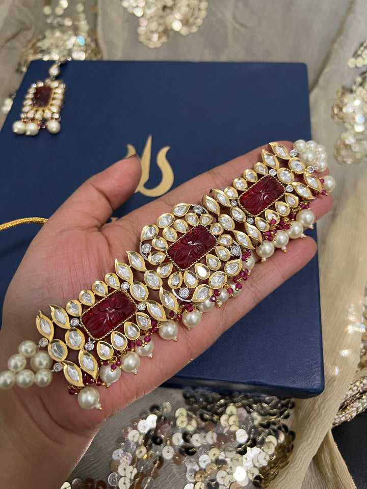 Gorgeous Carved Stone Kundan Choker with Earrings and Maangtikka - SHIVKA