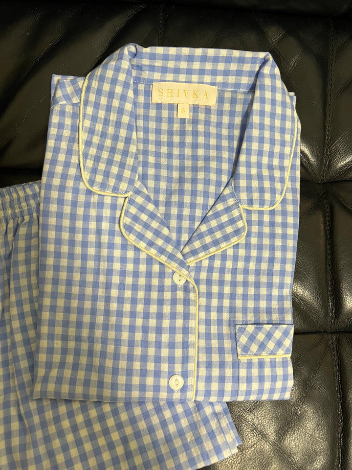 Checkered Blue and White Cotton Night Suit - Set of Two