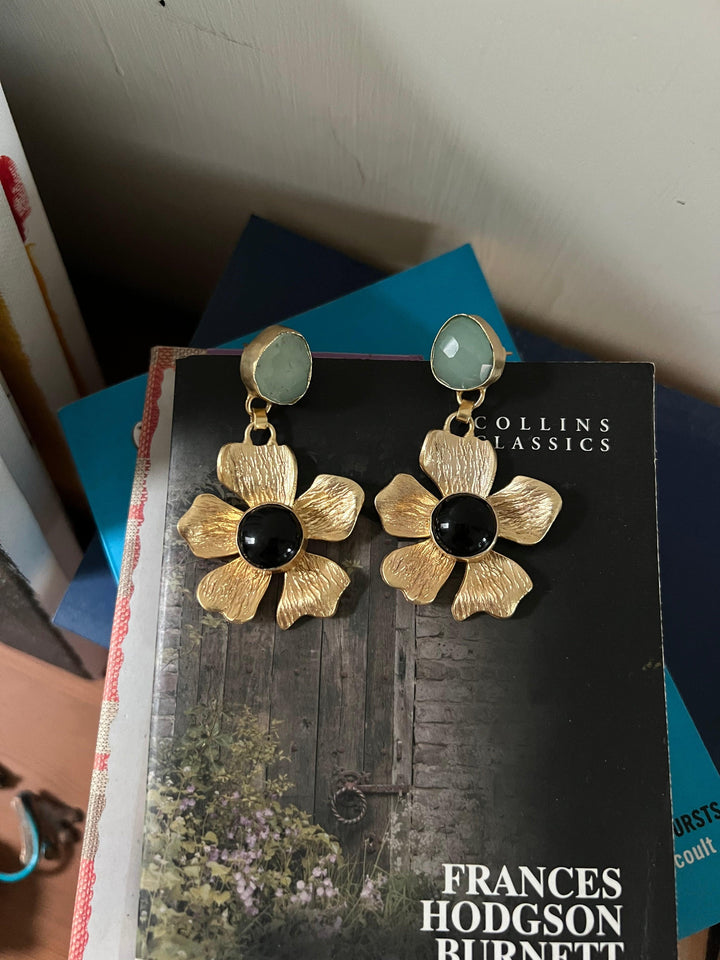 Onyx and Chalcedony Flower Design Earrings - SHIVKA