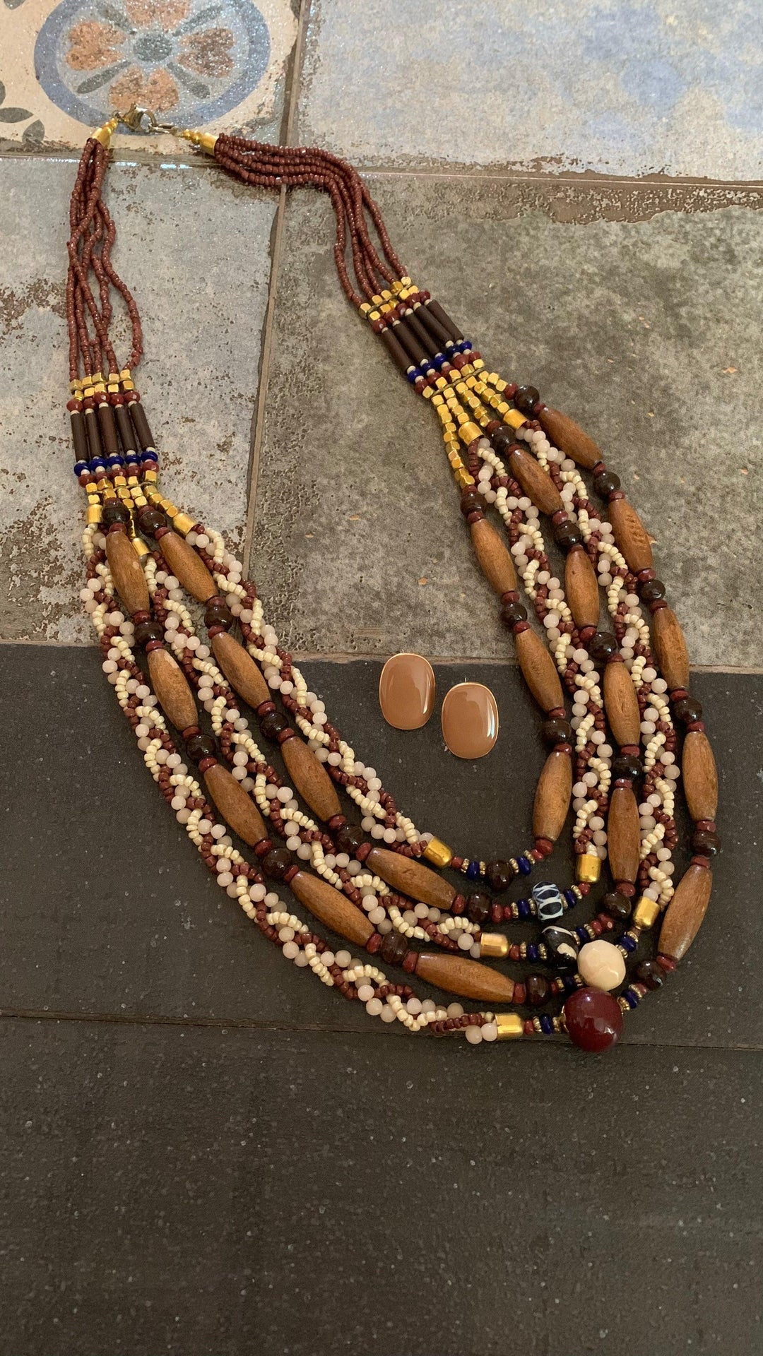 Vintage Beaded Necklace with Statement Stone Studs - SHIVKA