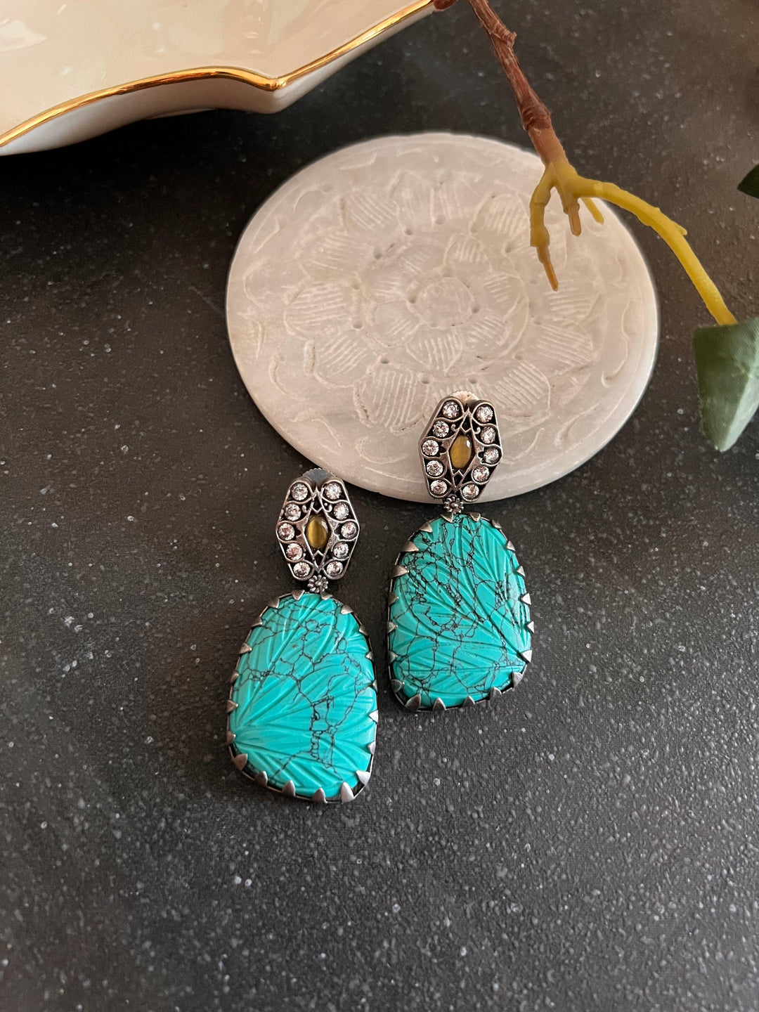 Vintage Carved Stone Danglers - SHIVKA