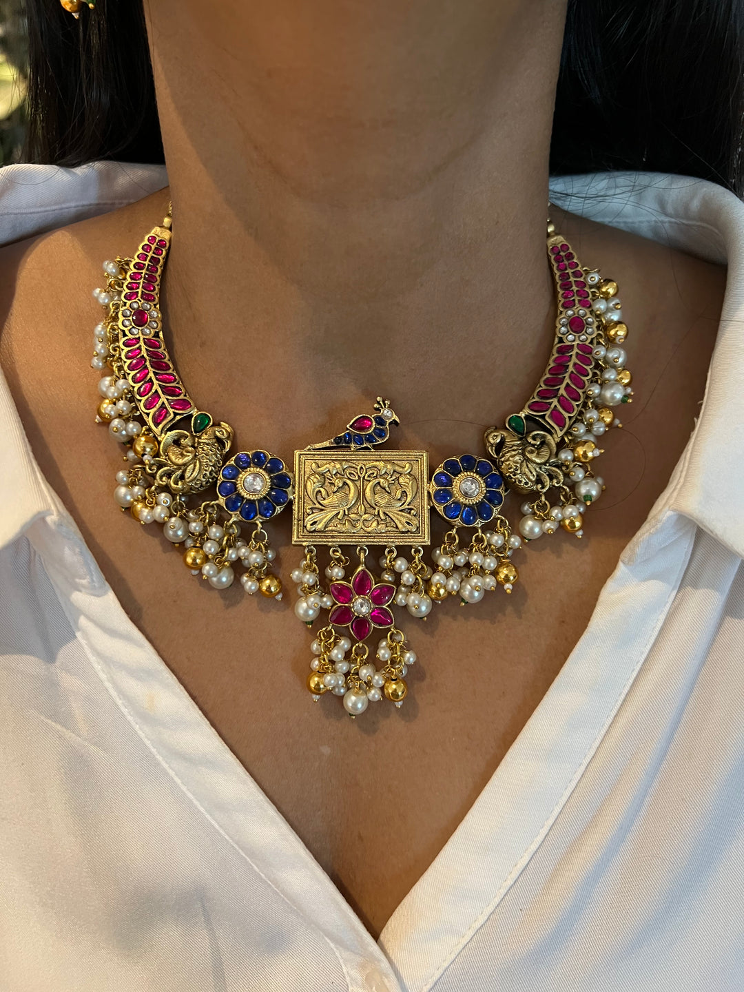 Designer Wedding Necklace with Kundan Earrings/ Antique Kempu Mayura Necklace