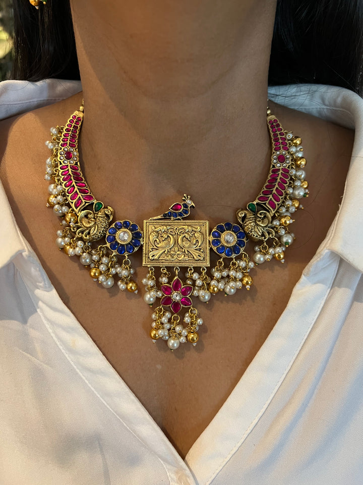 Designer Wedding Necklace with Kundan Earrings/ Antique Kempu Mayura Necklace