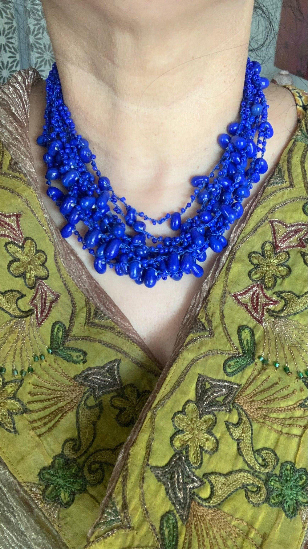Royal Blue Beaded Short Necklace with Multicolored Floral Studs - SHIVKA