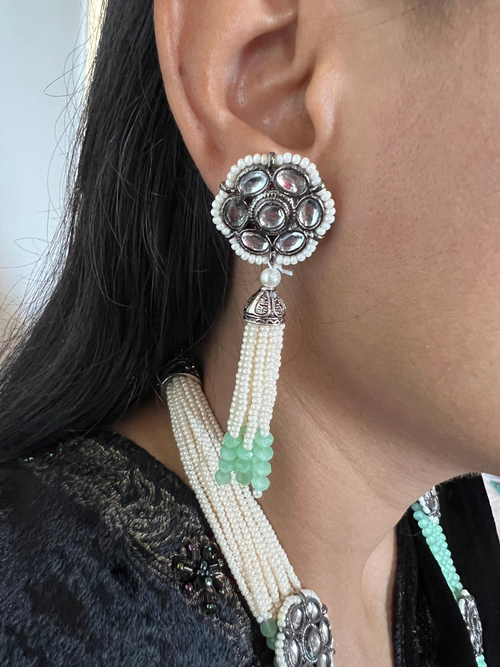 Multilayered Antique Kundan Necklace with Earrings - SHIVKA