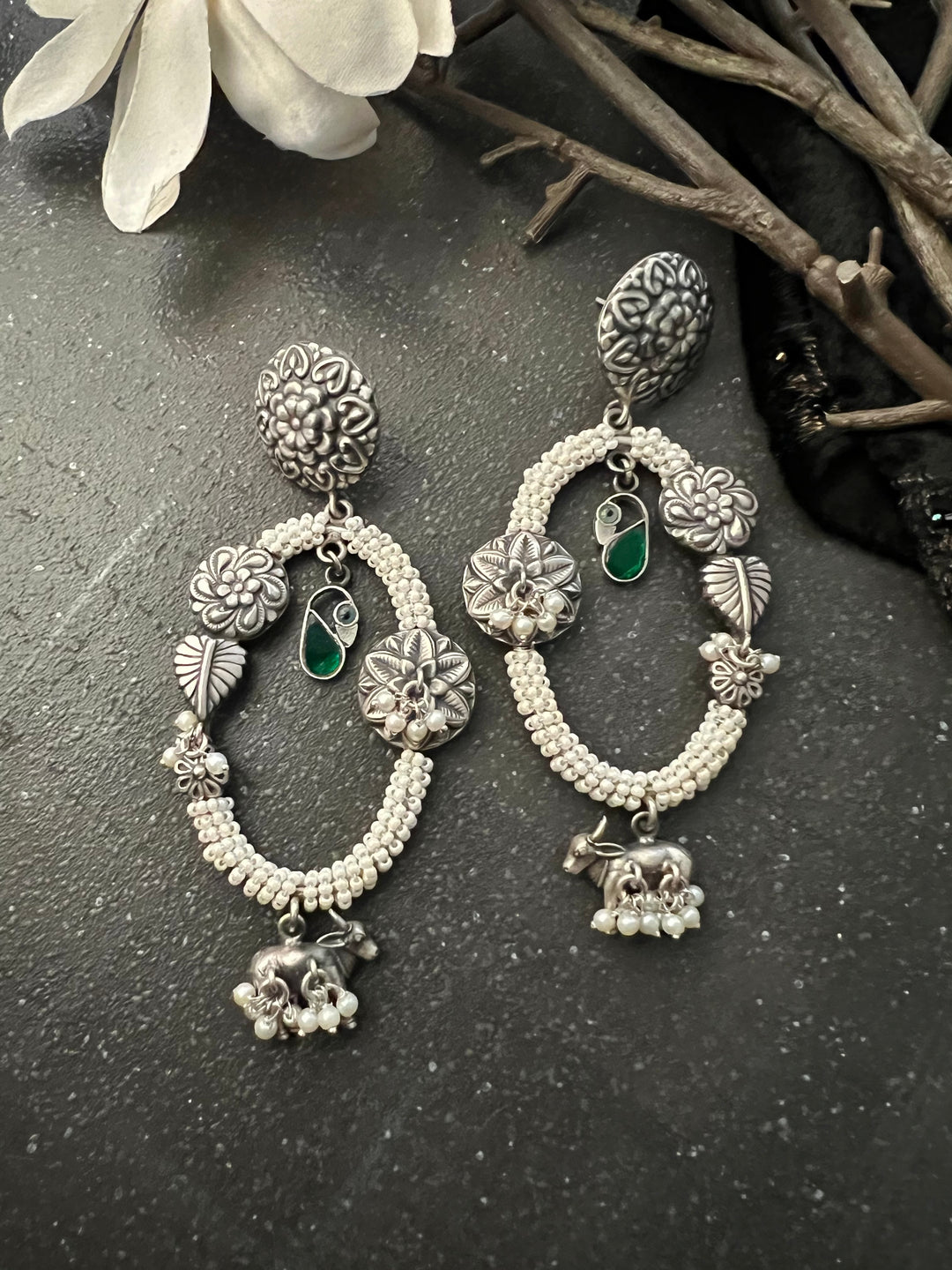 Vintage Pure 925 Silver Floral Earrings