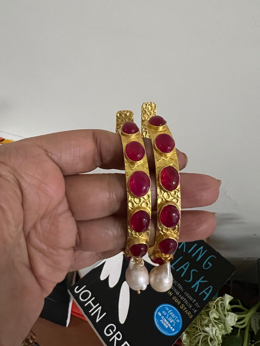 Natural Gemstones Pearl Drop Designer Hoops - SHIVKA