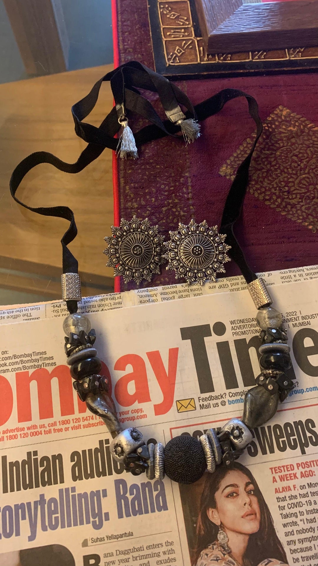 Statement Black and Silver Necklace with Antique Studs - SHIVKA