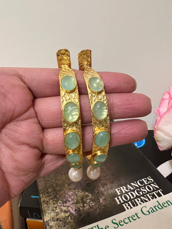 Natural Gemstones Pearl Drop Designer Hoops - SHIVKA