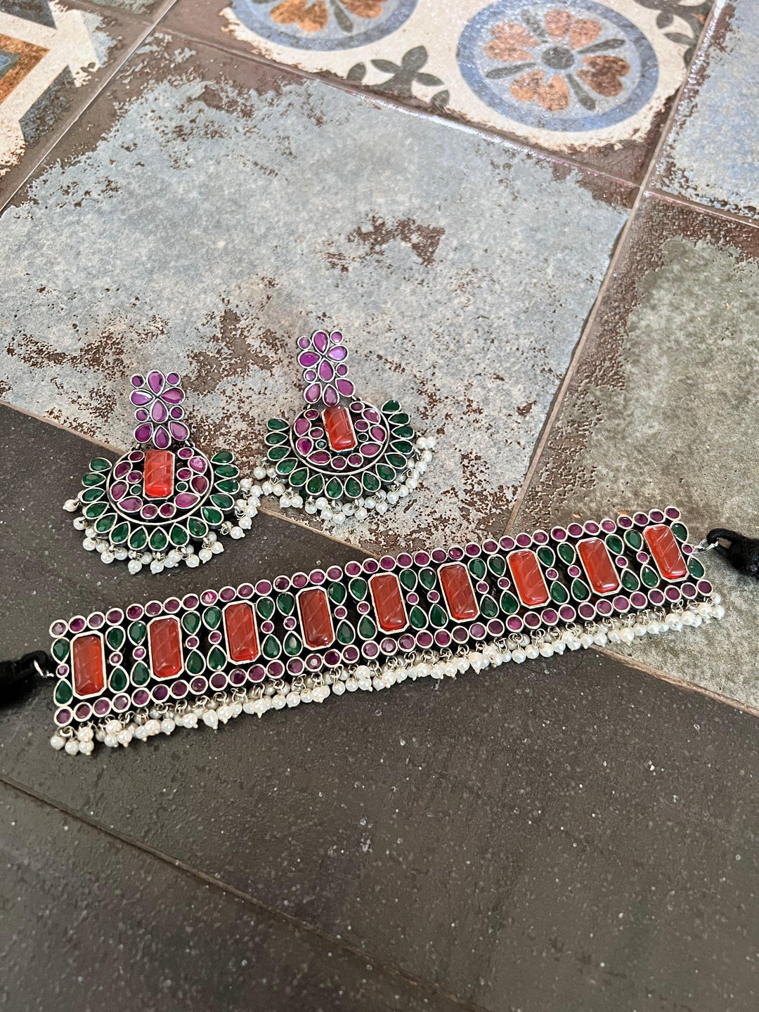 Scintillating Vintage Stones Choker with Statement Chandbaalis - SHIVKA