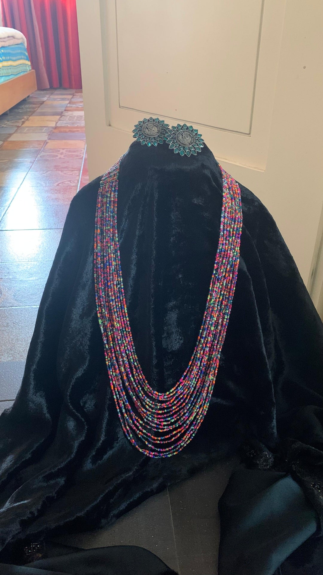 Statement Beaded Long Necklace with Oversized Brass Studs - SHIVKA