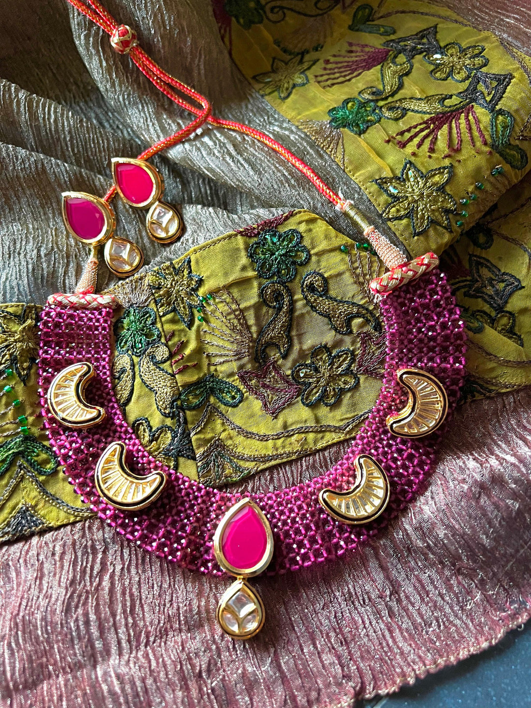 Statement Kundan Mesh Choker Necklace with Earrings - SHIVKA