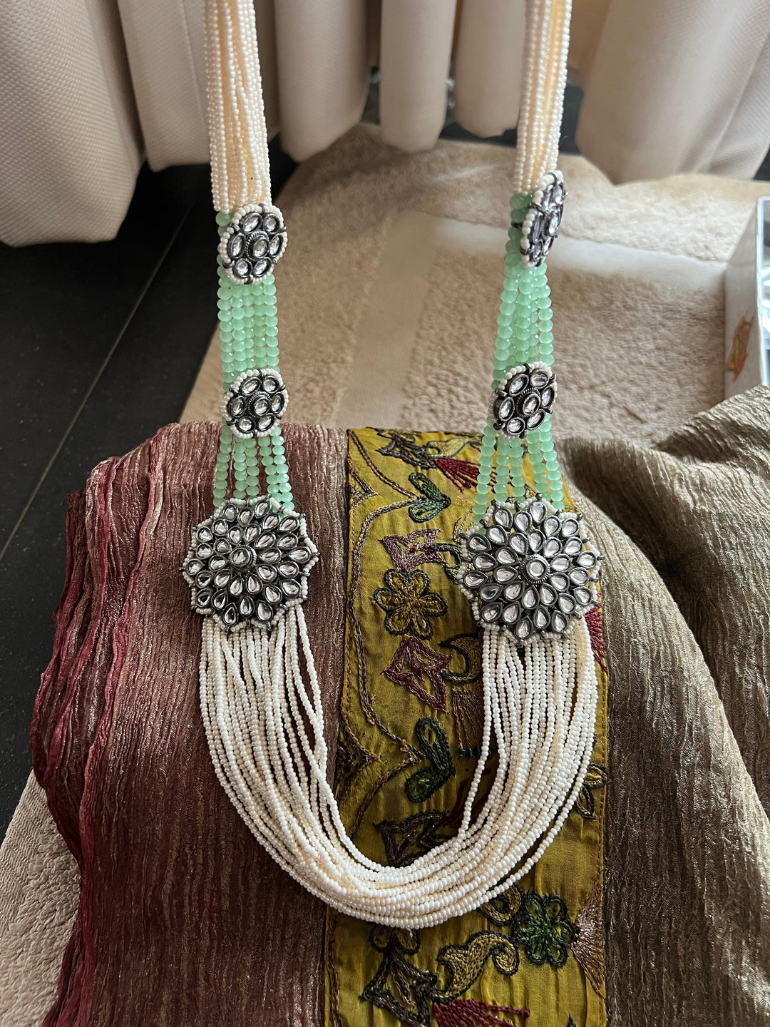 Multilayered Antique Kundan Necklace with Earrings - SHIVKA