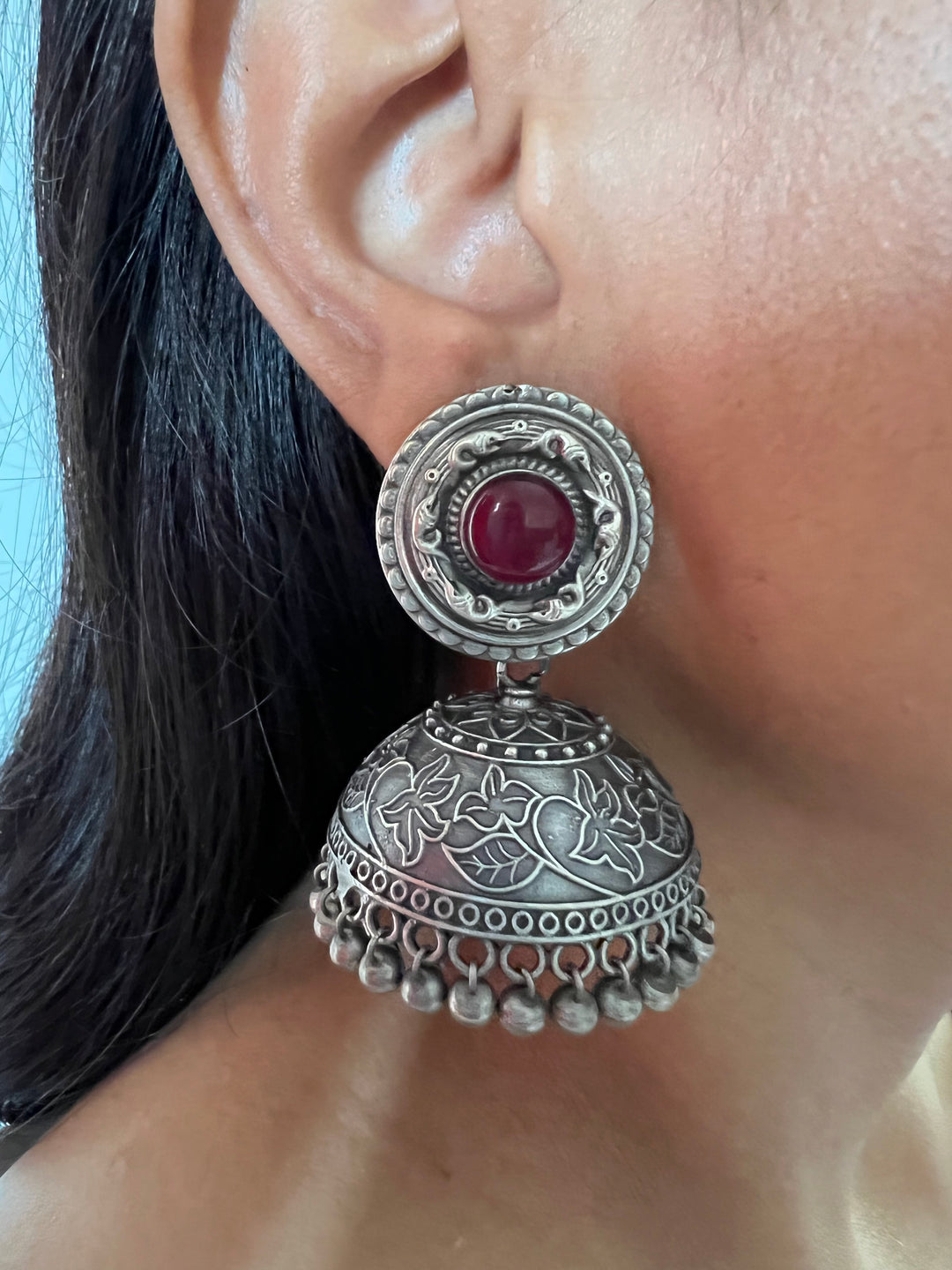 Antique Red Stone Bold Jhumkas