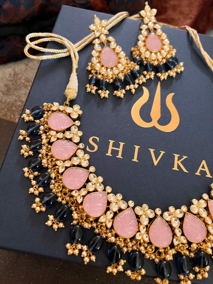 Pink Carved Stone Kundan Necklace with Earrings - SHIVKA
