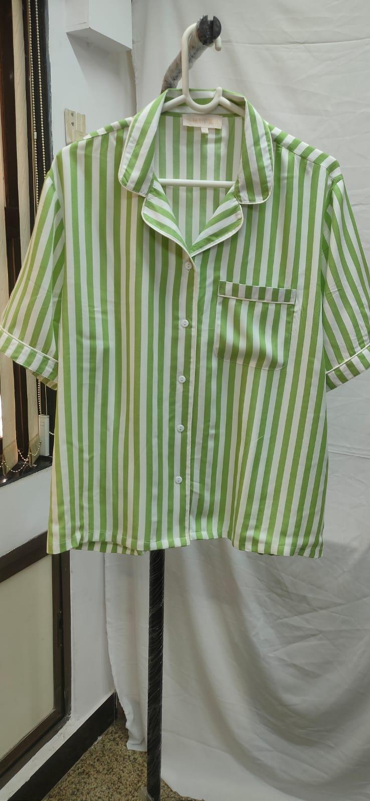 Striped Green Cotton Night Suit - Set of Two - SHIVKA