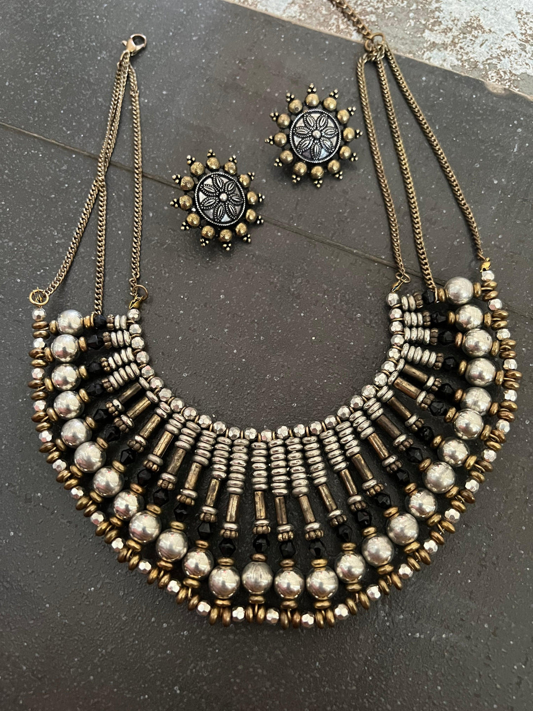 Tribal Beaded Necklace with Vintage Studs - SHIVKA