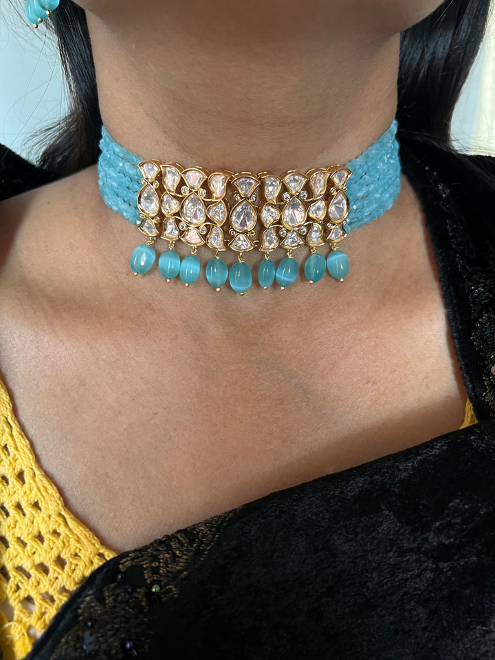 Elegant Sea Blue Kundan Choker with Studs