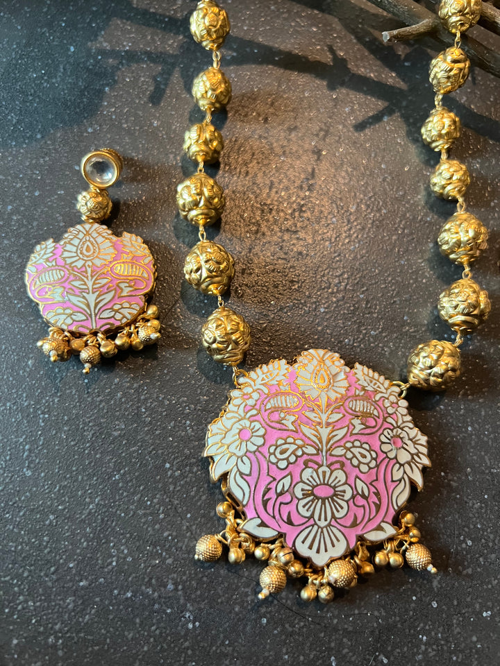 Pink & Gold Traditional Long Necklace with Earrings