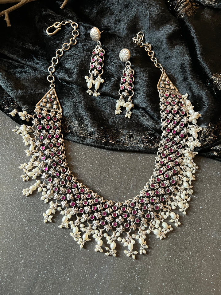 Vintage Jaipur Sterling Silver & Pink Stone Necklace Set | Pure 925 Silver