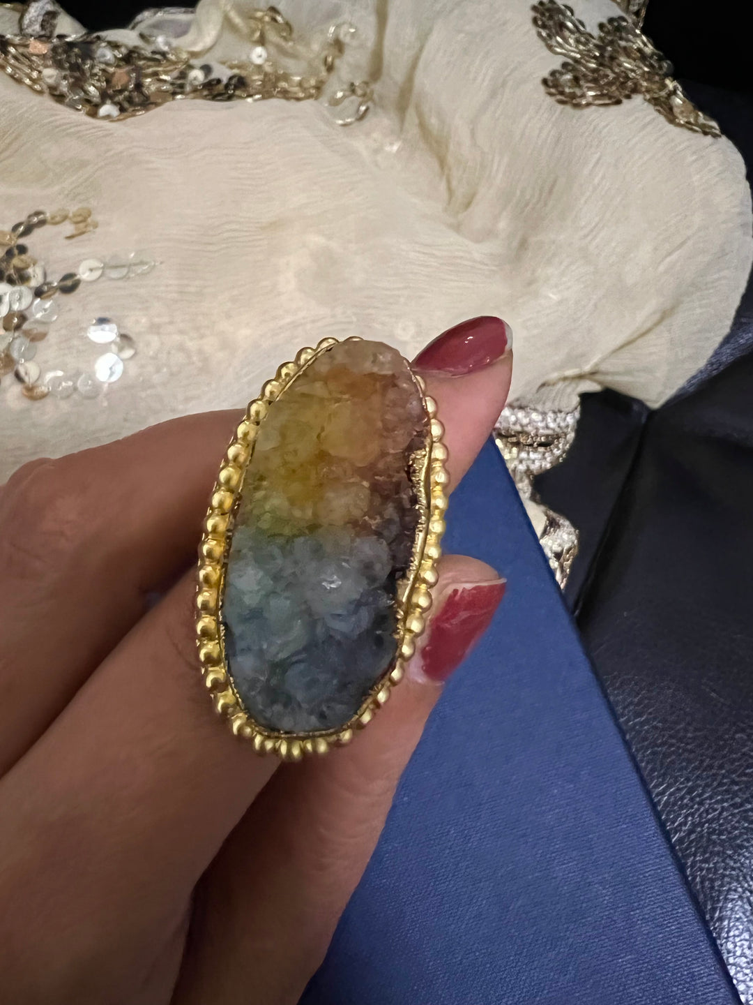 Natural Rainbow Druzy Stone Adjustable Gold-Plated Ring | Statement Ring by SHIVKA