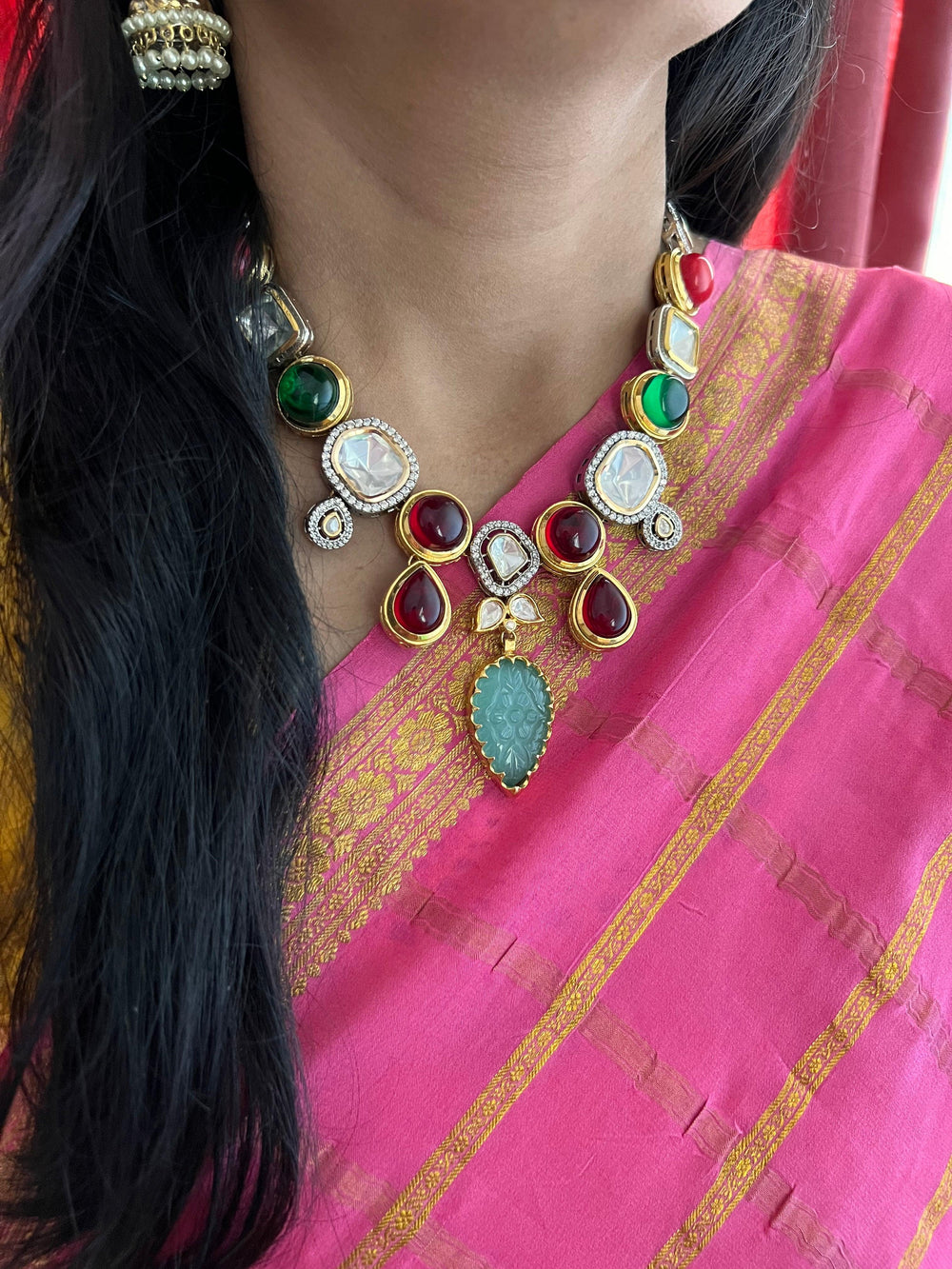 Scintillating Multicolored  Kundan Necklace with Statement Jhumka Earrings - SHIVKA
