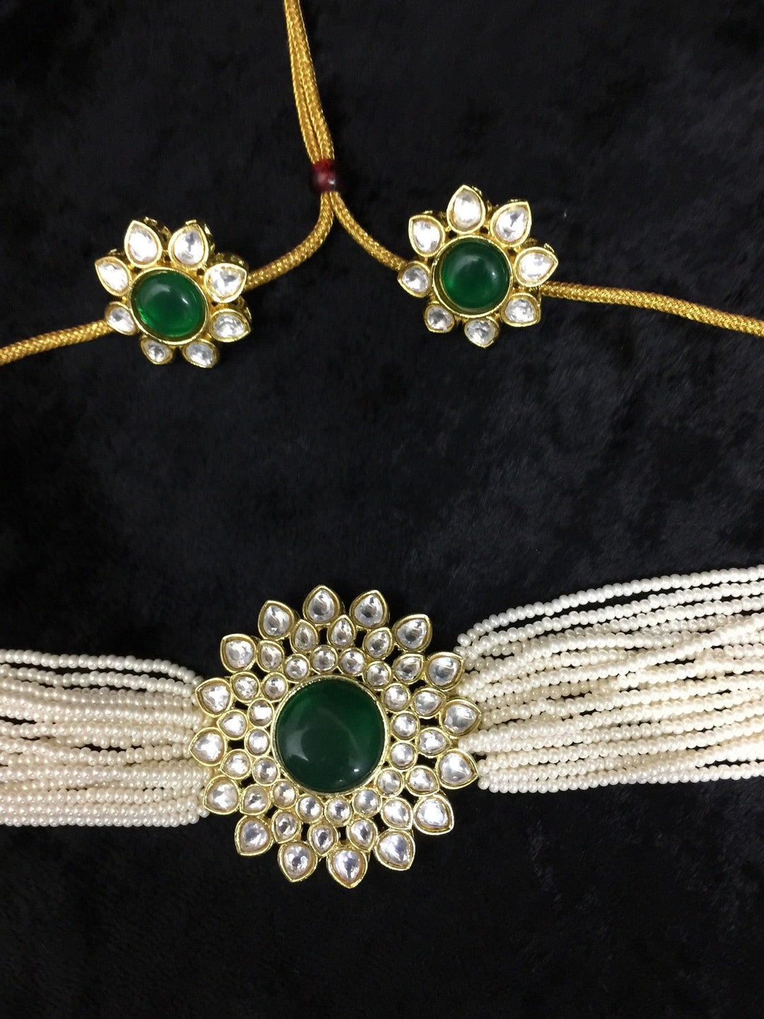 Green Kundan and Pearl Choker with Earrings - SHIVKA