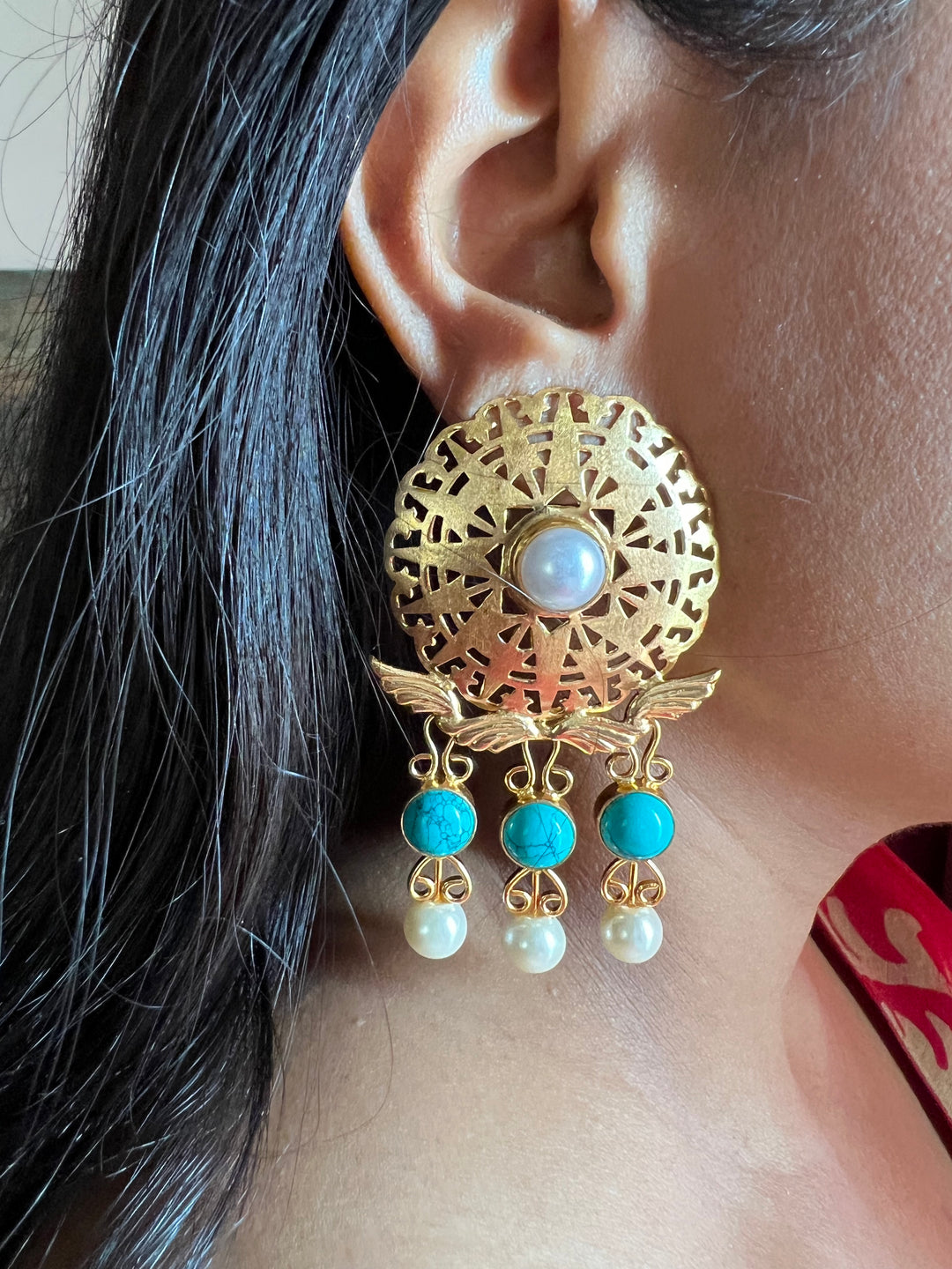 Gorgeous Pearls and Turquoise Cutwork Earrings