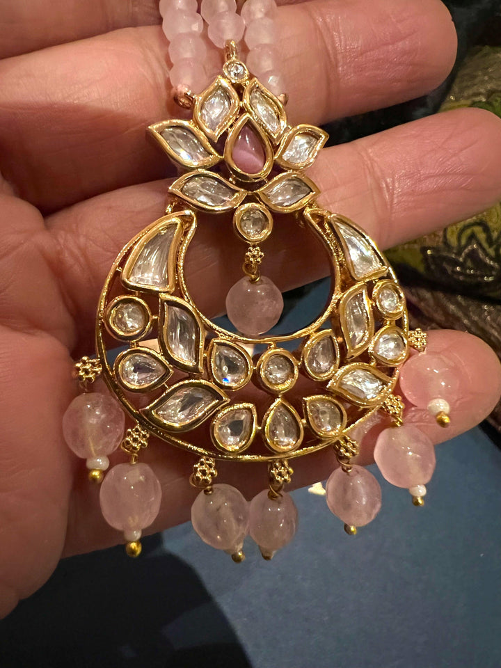 Gorgeous Pink Beads Kundan Maangtikka - SHIVKA