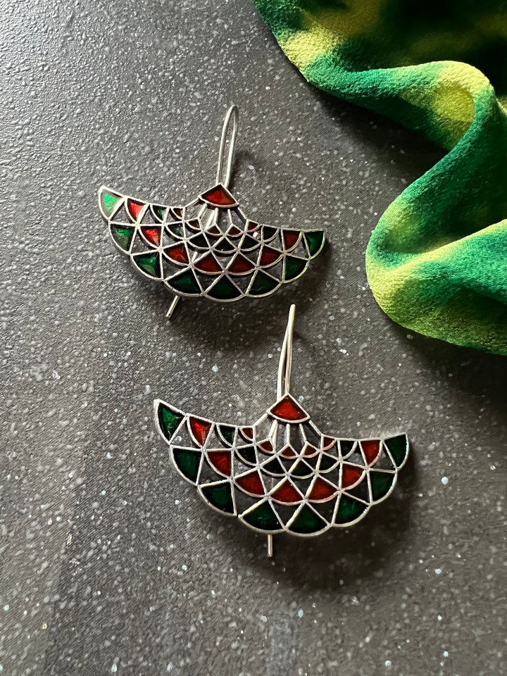 Red and Green Enamelled Brass Earrings
