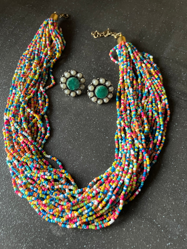 Beautiful Multicolour Beaded Necklace with Statement Studs
