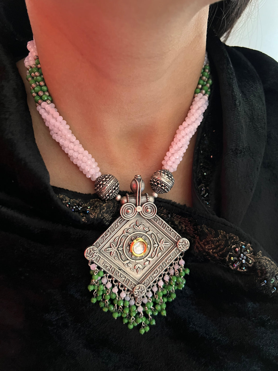 Beautiful Green and Pink Pendant Necklace with Statement Earrings