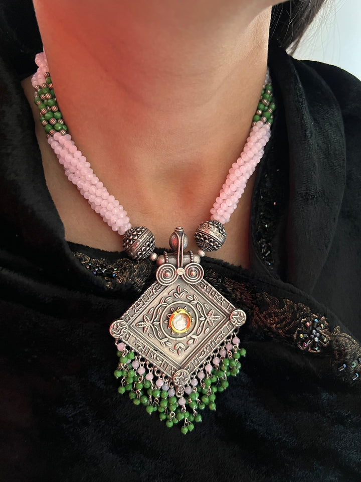 Beautiful Green and Pink Pendant Necklace with Statement Earrings