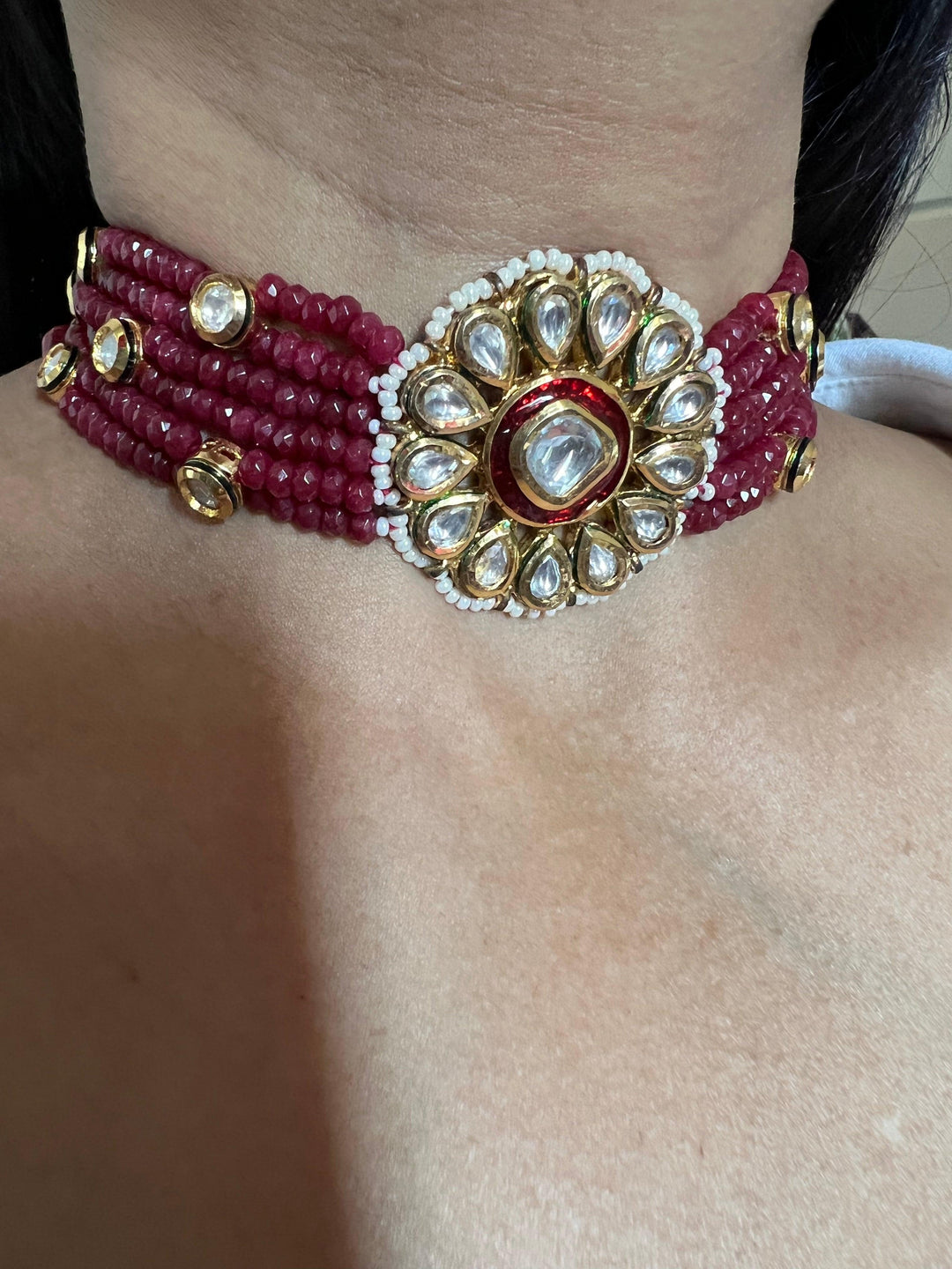 Ruby Kundan Flower Choker Necklace with Studs - SHIVKA