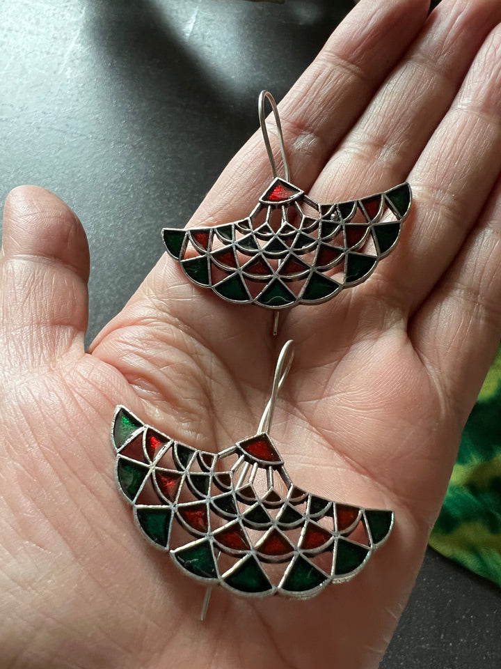 Red and Green Enamelled Brass Earrings