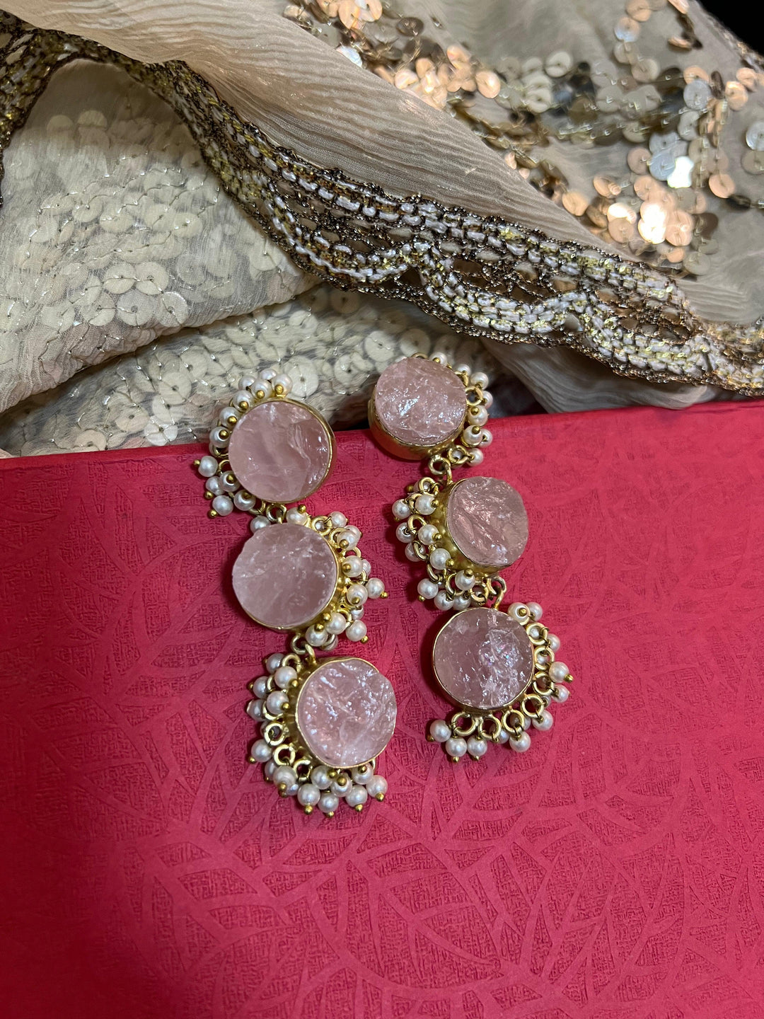 Rose Quartz Three Tier Earrings - SHIVKA