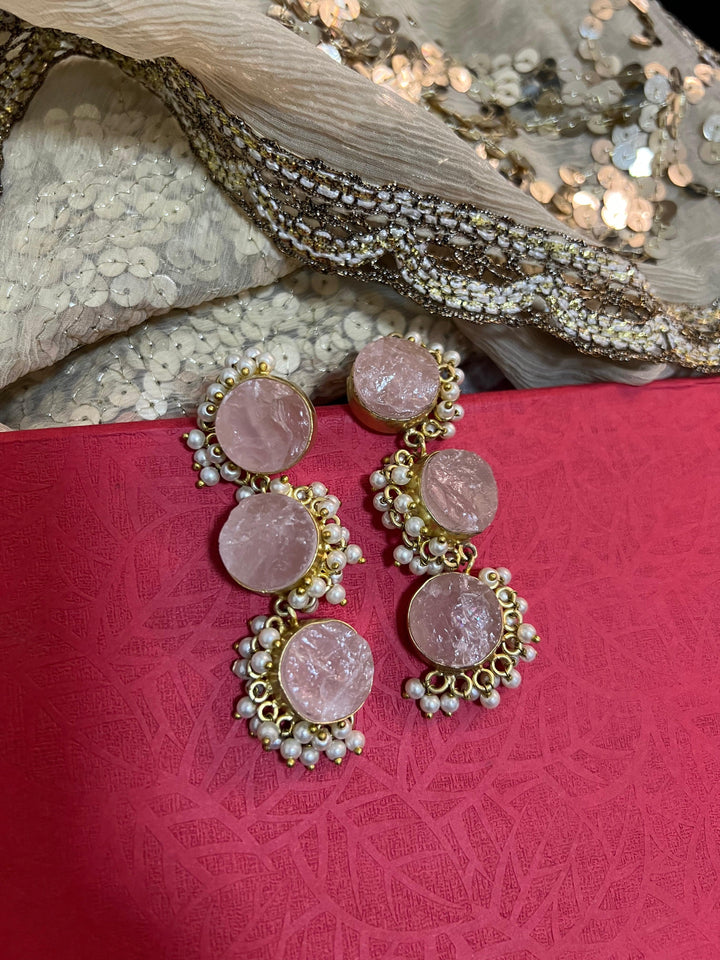 Rose Quartz Three Tier Earrings - SHIVKA