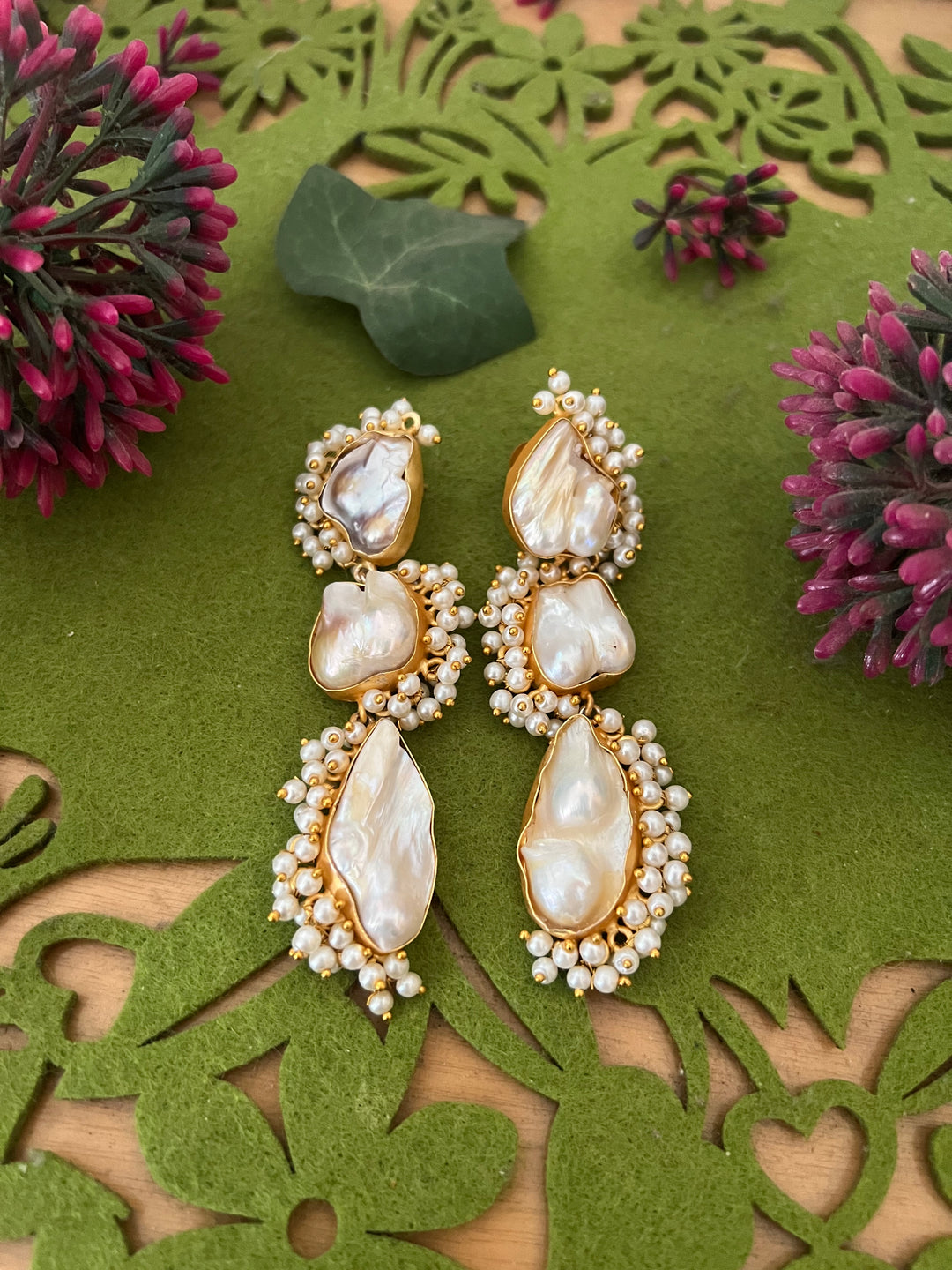 Three Tier Baroque Danglers/ Natural Gemstones Earrings/ Stylish Earrings