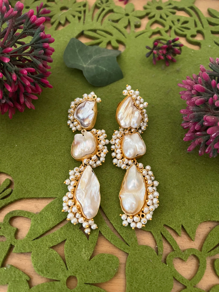 Three Tier Baroque Danglers/ Natural Gemstones Earrings/ Stylish Earrings