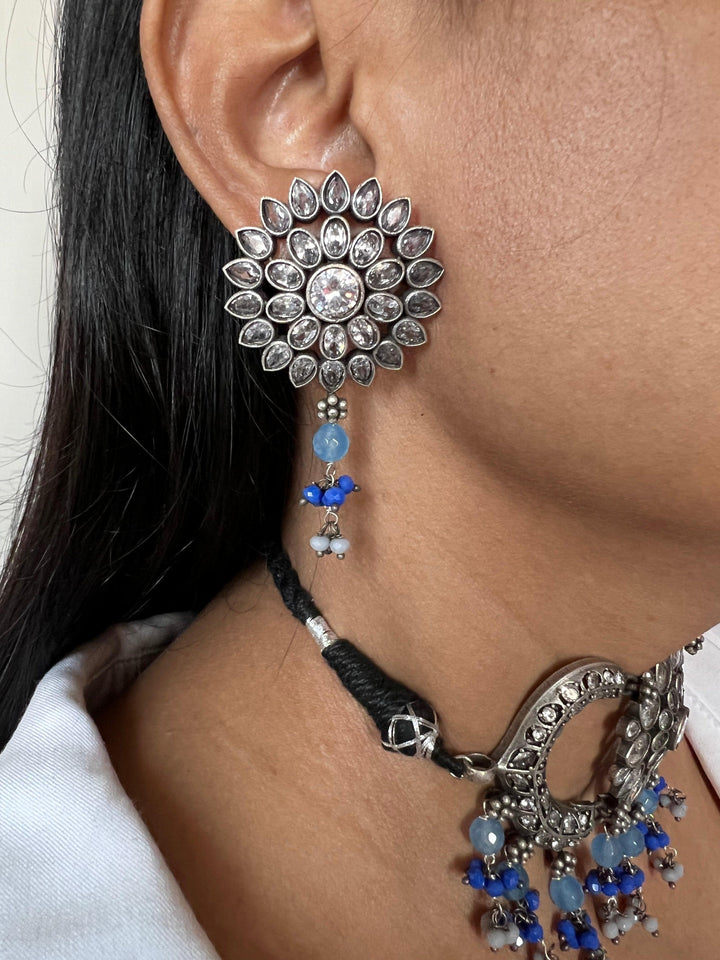 Vintage Zirconia Choker with Flower Stud Earrings - SHIVKA