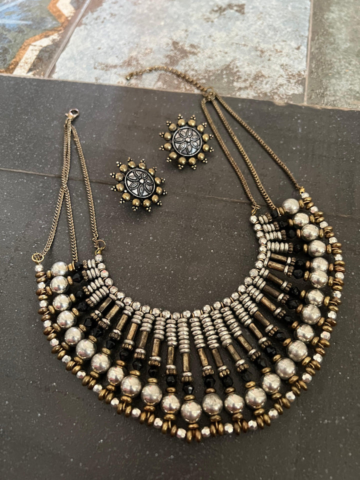 Tribal Beaded Necklace with Vintage Studs - SHIVKA