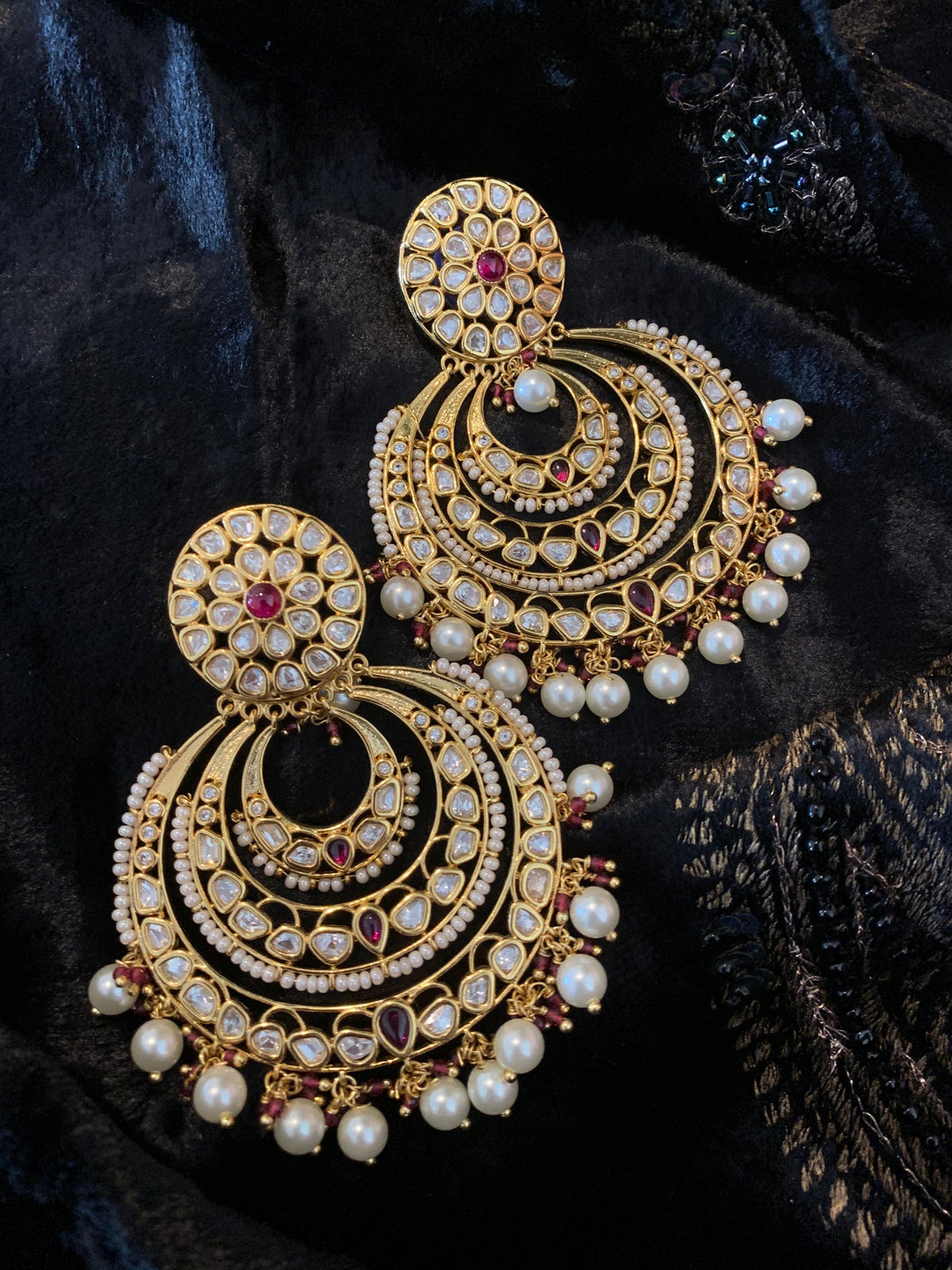 Red Gold Kundan Earrings - SHIVKA