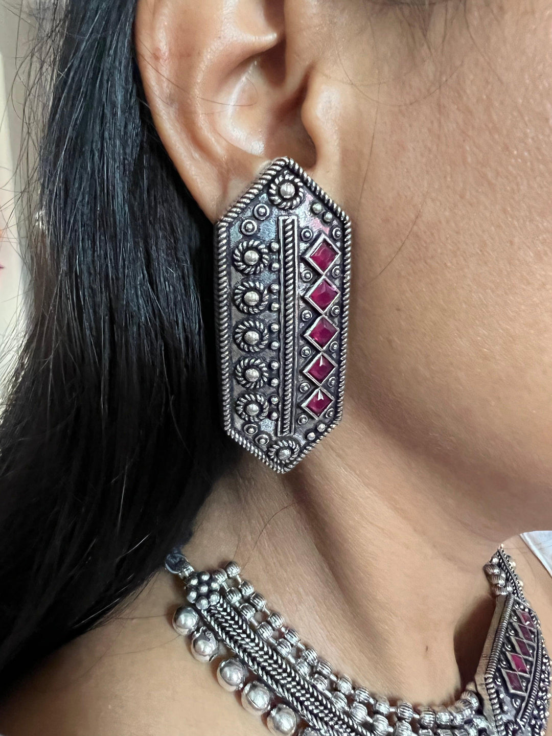 Hexagon Antique Necklace with Statement Studs - SHIVKA