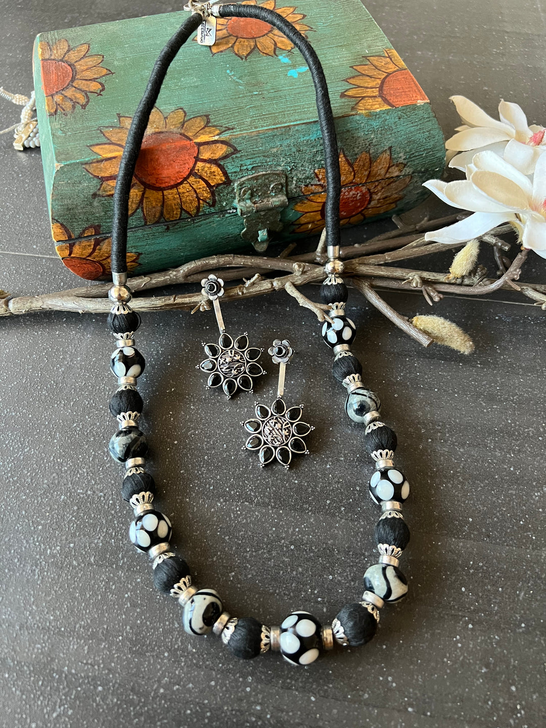 Black and Silver Beaded Necklace with Statement Earrings