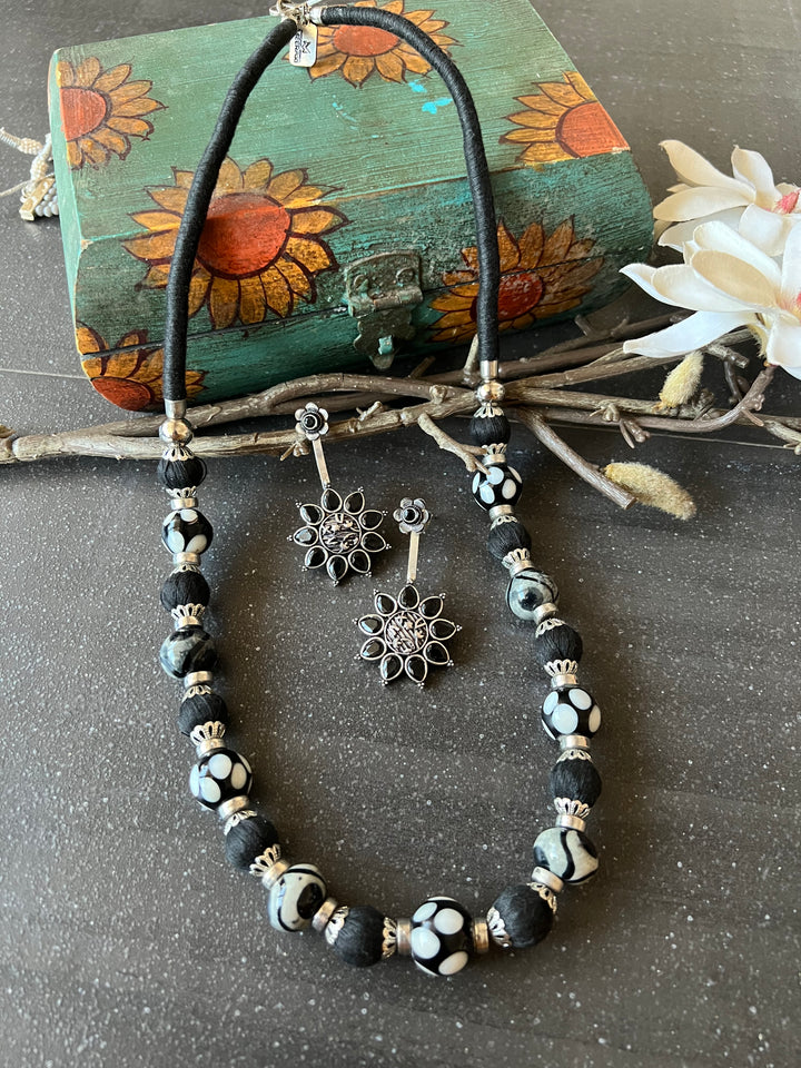 Black and Silver Beaded Necklace with Statement Earrings