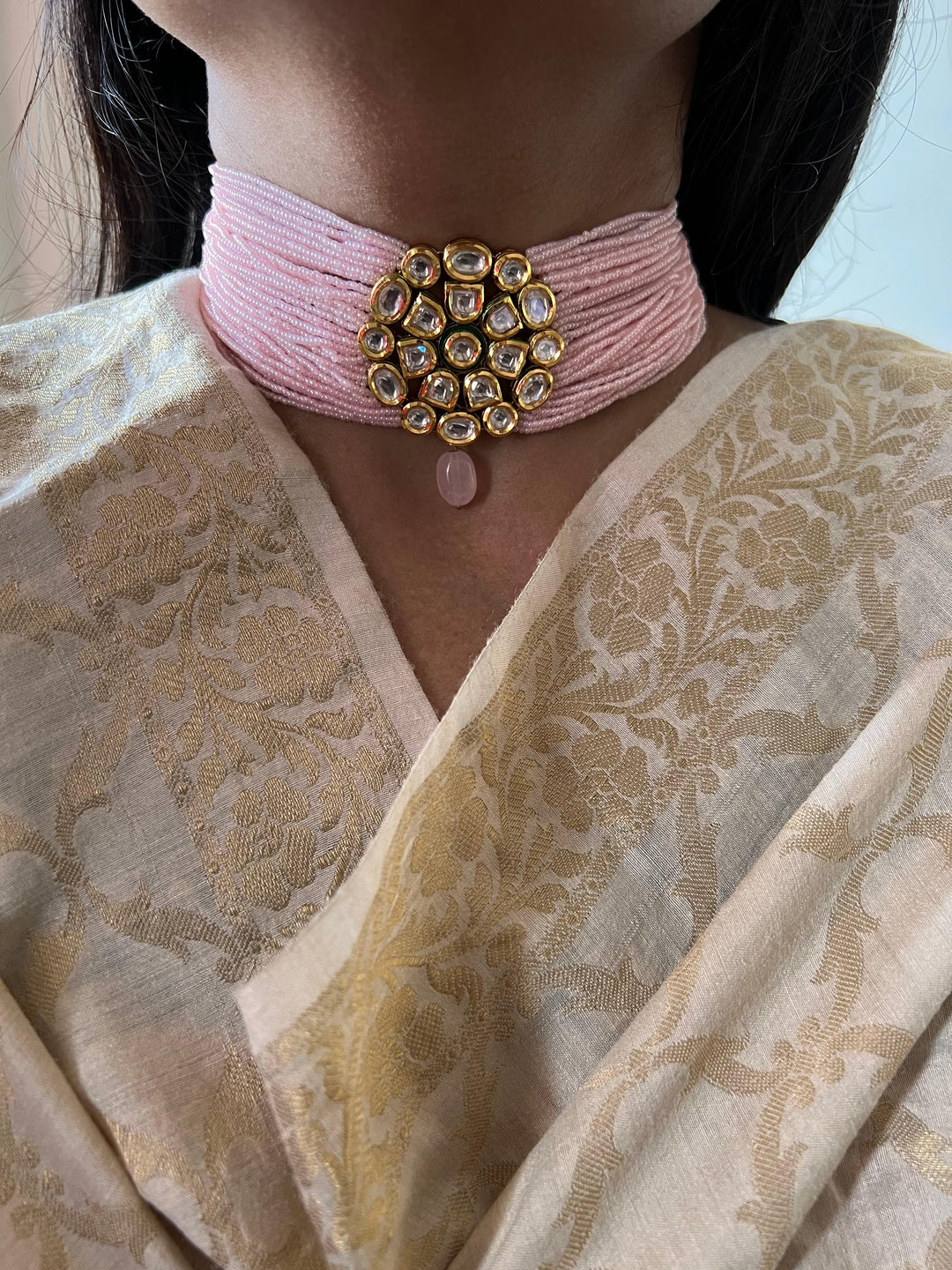 Pink Kundan Choker with Earrings - SHIVKA