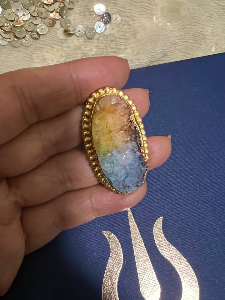 Natural Rainbow Druzy Stone Adjustable Gold-Plated Ring | Statement Ring by SHIVKA