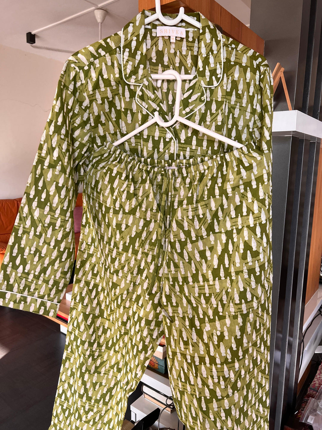 Olive Green Print Cotton Night Suit - SHIVKA