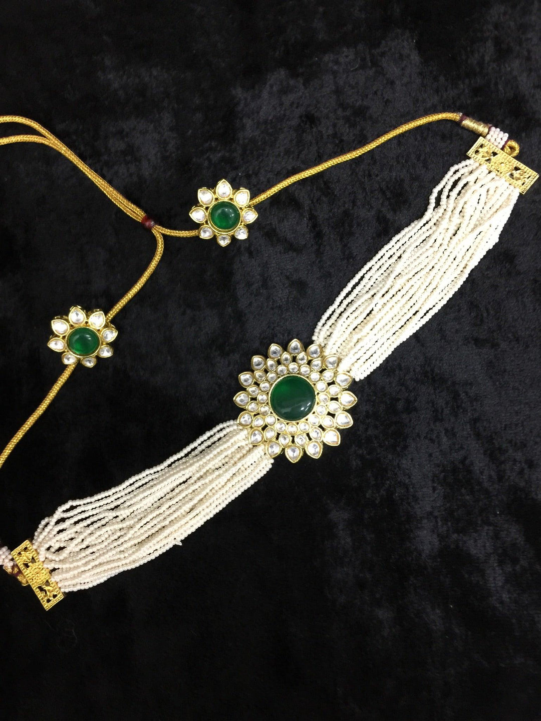 Green Kundan and Pearl Choker with Earrings - SHIVKA
